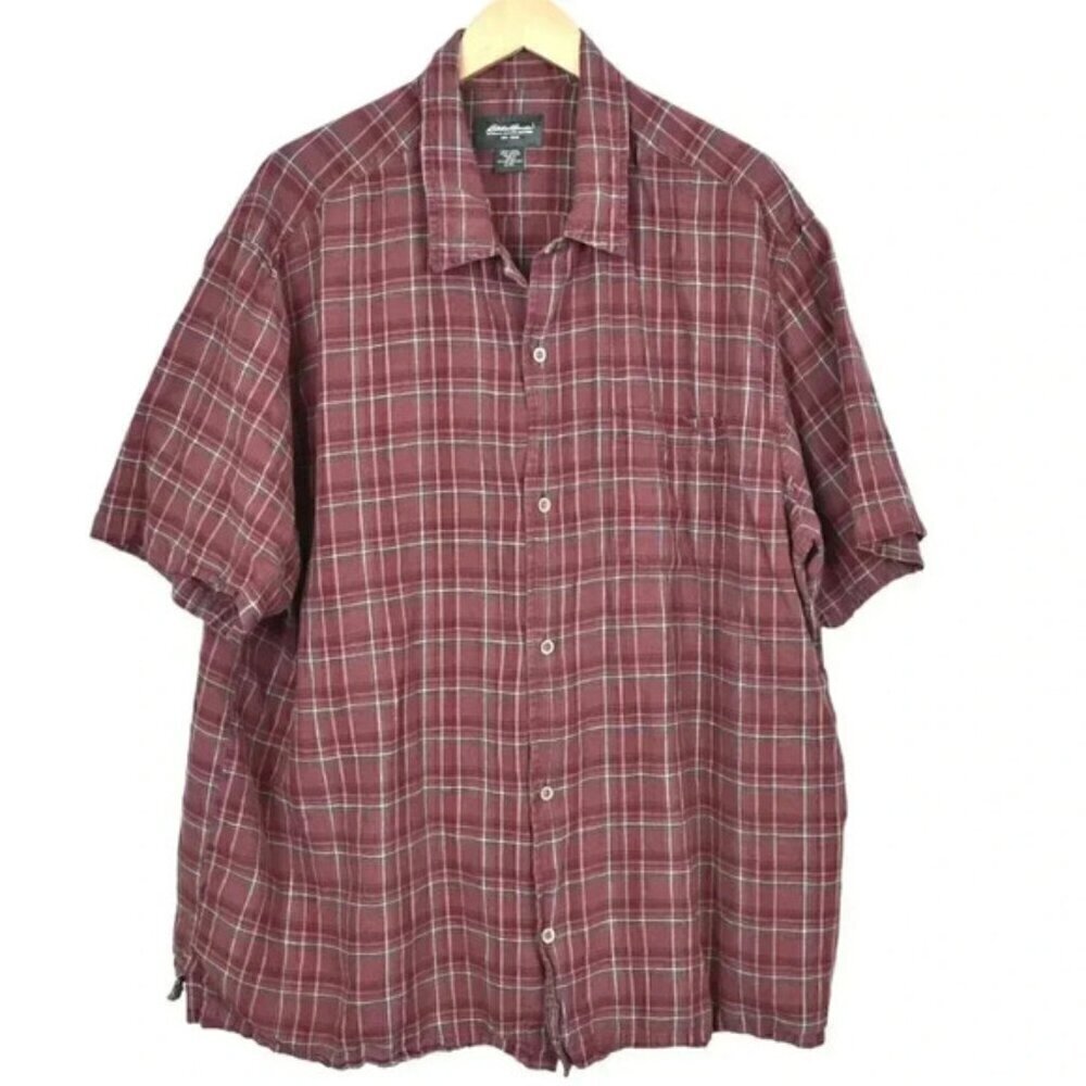 Vintage Eddie Bauer Linen Blend Plaid Short Sleeve Shirt Button Down Size XXL